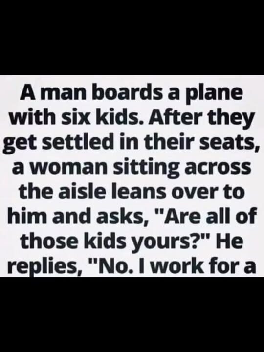 A man boards a plane with six children.